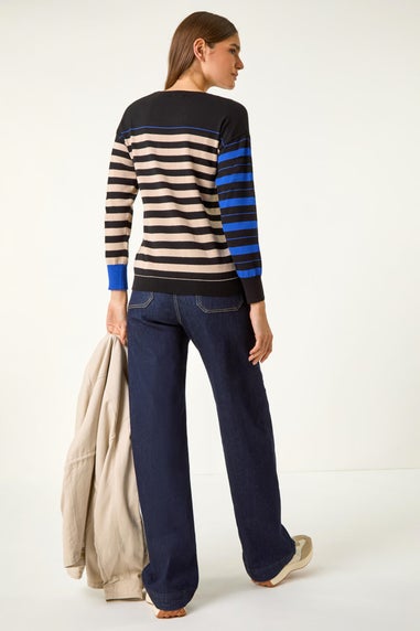 Roman Ink Blue Crew Neck Contrast Stripe Knit Jumper