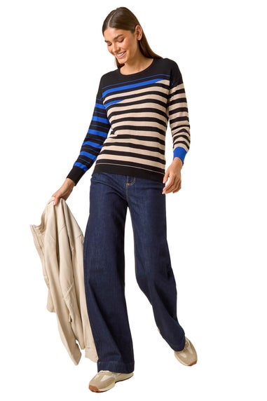 Roman Ink Blue Crew Neck Contrast Stripe Knit Jumper