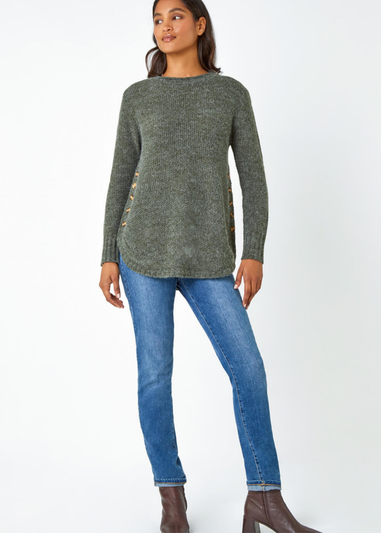 Roman Khaki Button Detail Curved Hem Jumper