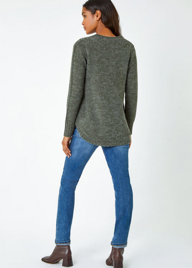 Roman Khaki Button Detail Curved Hem Jumper