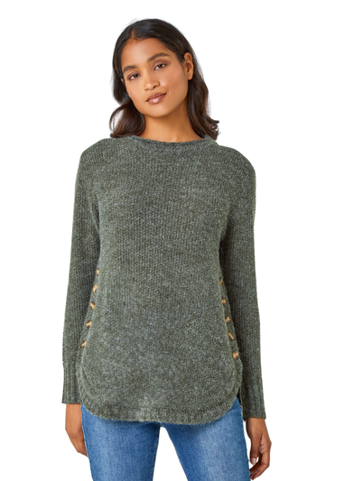 Roman Khaki Button Detail Curved Hem Jumper