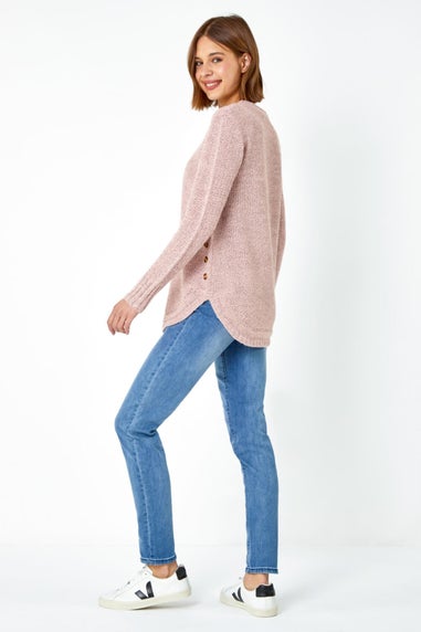 Roman Light Pink Button Detail Curved Hem Jumper