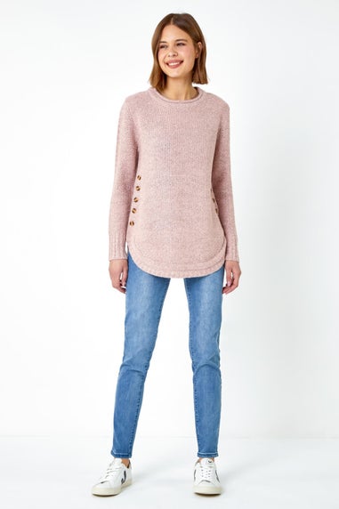 Roman Light Pink Button Detail Curved Hem Jumper