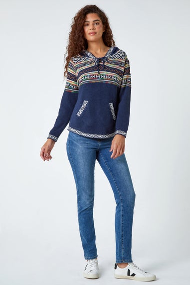 Roman Midnight Blue Nordic Print Hooded V-Neck Jumper