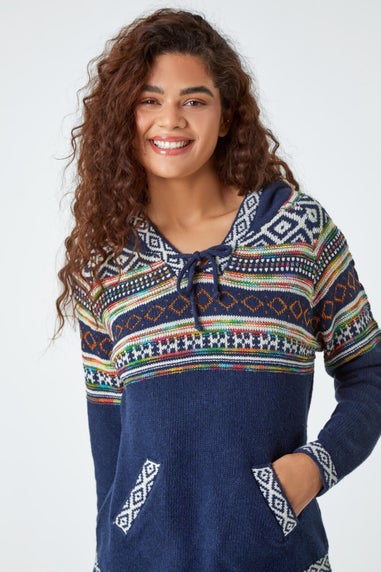 Roman Midnight Blue Nordic Print Hooded V-Neck Jumper