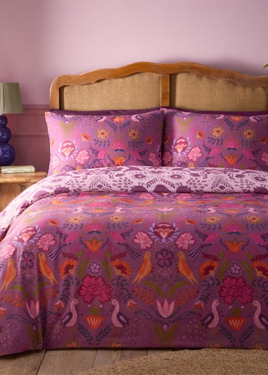 furn. Purple Broderie Floral Reversible Duvet Cover Set