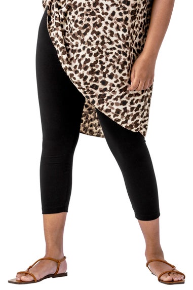 Roman Black Curve Plain Elastic Waist Cropped Leggings