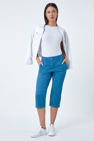 Roman Teal Blue Cotton Blend Cropped Chino Trousers