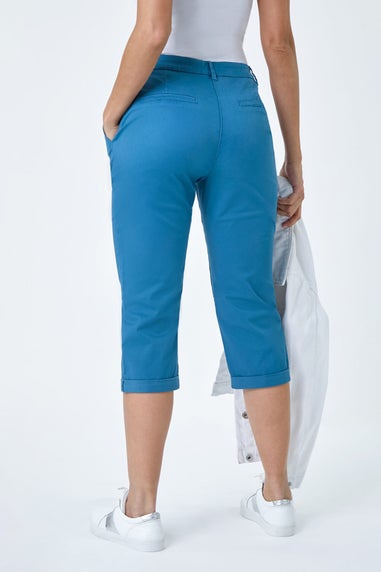 Roman Teal Blue Cotton Blend Cropped Chino Trousers