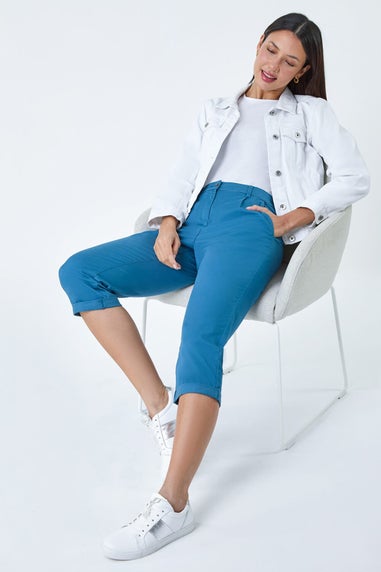 Roman Teal Blue Cotton Blend Cropped Chino Trousers