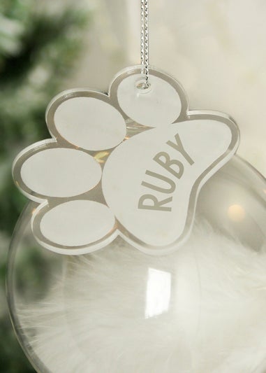 Personalised Memento Company Clear Pets Feather Glass Bauble With Paw Print Tag