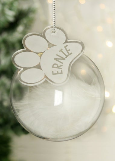 Personalised Memento Company Clear Pets Feather Glass Bauble With Paw Print Tag