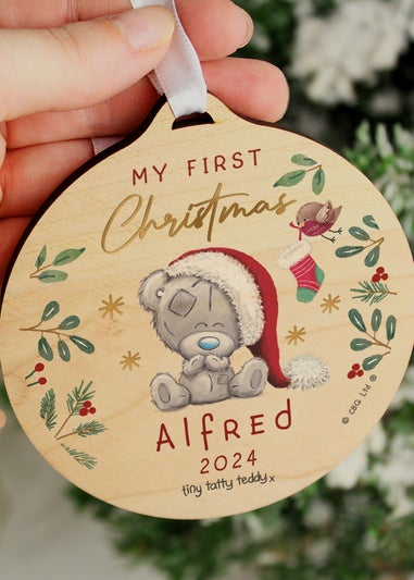 Personalised Memento Company Wood First Christmas Tiny Tatty Teddy Round Decoration