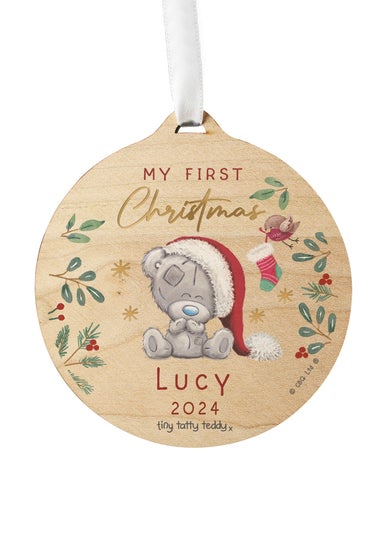 Personalised Memento Company Wood First Christmas Tiny Tatty Teddy Round Decoration