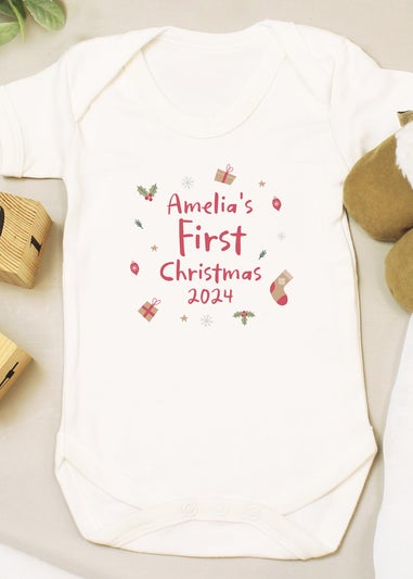 Personalised Memento Company White First Christmas 0-3 Months Baby Vest