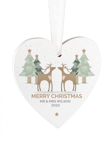 Personalised Memento Company Wood Reindeer Couple Heart Decoration