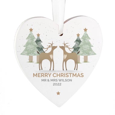 Personalised Memento Company Wood Reindeer Couple Heart Decoration