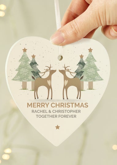 Personalised Memento Company Wood Reindeer Couple Heart Decoration