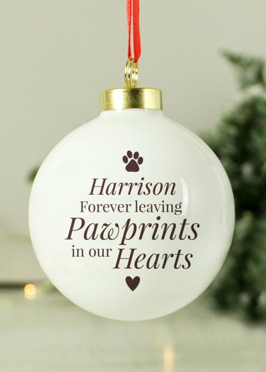 Personalised Memento Company White Pawprints Memorial Bauble