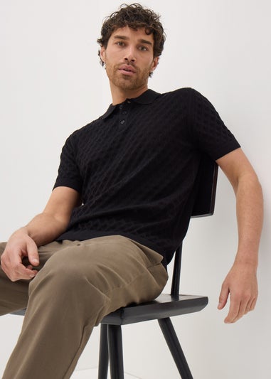 Black Textured Pointelle Polo Shirt