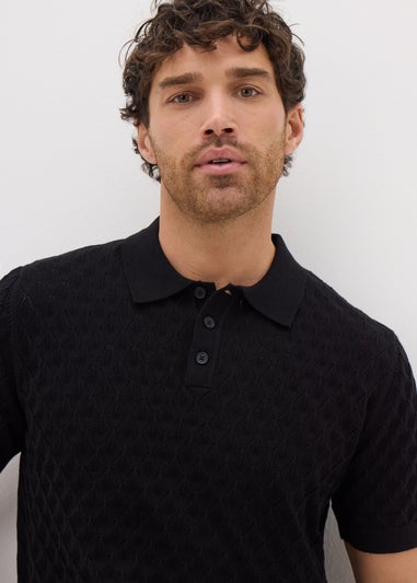 Black Textured Pointelle Polo Shirt