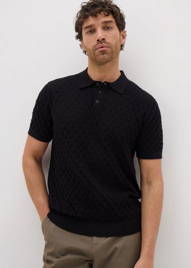 Black Textured Pointelle Polo Shirt