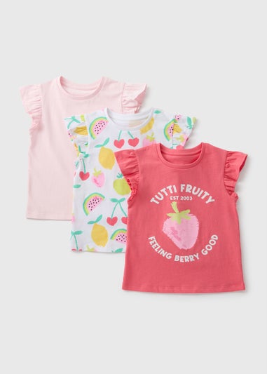 3 Pack Girls Pink Fruit Frill Sleeve T-Shirts (1-7yrs)