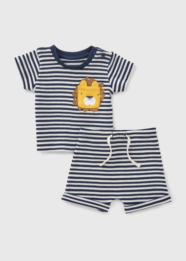 Baby Navy Lion Waffle Stripe Top & Shorts Set (Newborn-23mths)