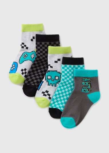 5 Pack Boys Multicolour Gamer Socks (Younger 6-Older 6.5)