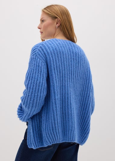 Blue Lofty Ribbed Knit Cardigan