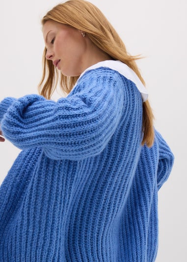 Blue Lofty Ribbed Knit Cardigan