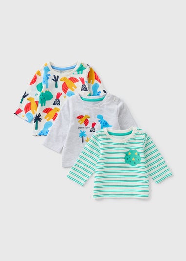 3 Pack Multicolour Dino Long Sleeve Tops (Newborn-23mths)