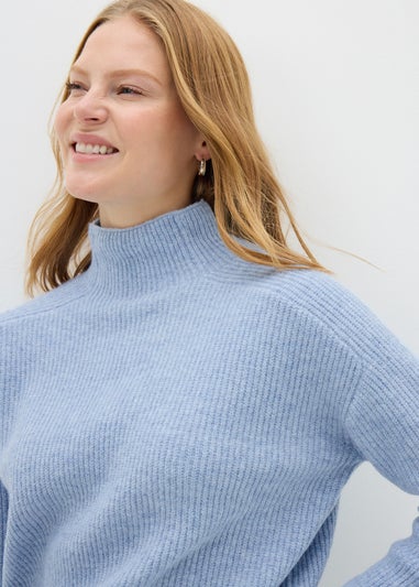 Pale Blue High Neck Ribbed Knit Jumper