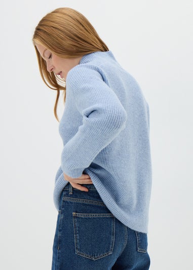 Pale Blue High Neck Ribbed Knit Jumper