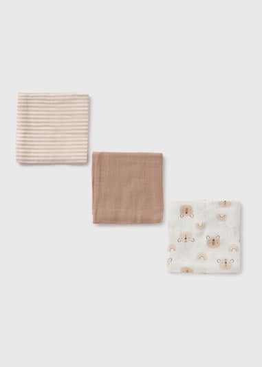 3 Pack Baby Beige Bear Muslin Cloths