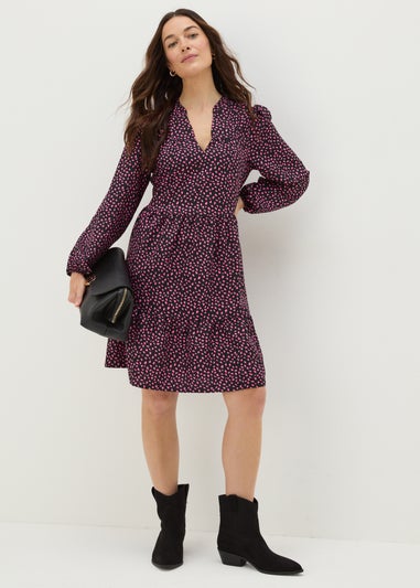 Pink Patterned Smock Mini Dress