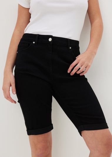 Black Denim Knee Length Shorts