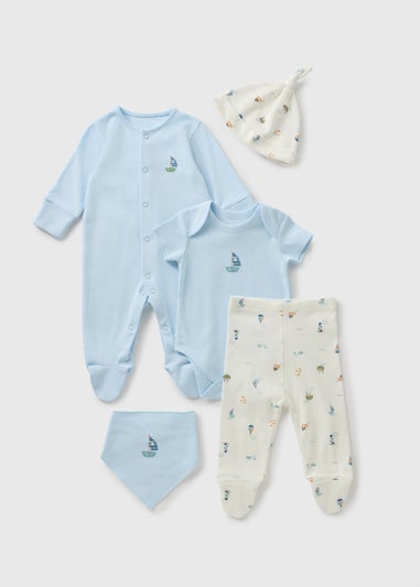 5 Piece Baby Blue Boat Sleepsuit & Bodysuit Set (Newborn-6mths)