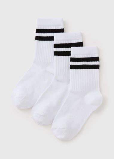 3 Pack Girls White Stripe Sports Socks (Younger 6-Older 6.5)