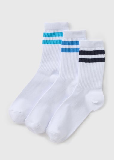 3 Pack White Blue Stripe Sports Socks (Younger 6-Older 6.5)