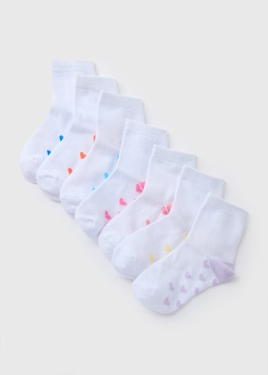 7 Pack Girls White Heart Socks