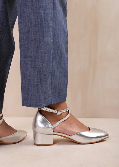 Where's That From Silver Peru  Low Ankle Strap Block Heels