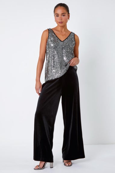 Roman Petite Black Petite Wide Leg Velvet Stretch Trouser