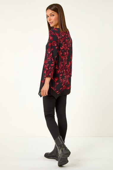 Roman Red Floral Print Chiffon Hem Stretch Top