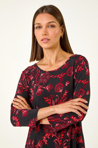 Roman Red Floral Print Chiffon Hem Stretch Top