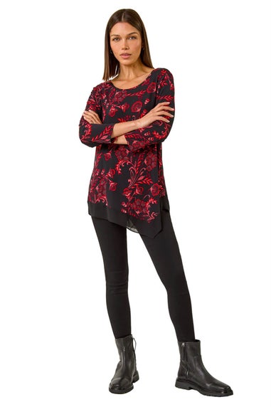 Roman Red Floral Print Chiffon Hem Stretch Top