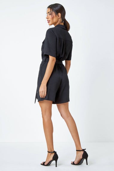 Roman Black Textured Tie Waist Playsuit