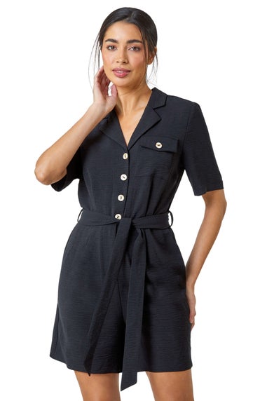 Roman Black Textured Tie Waist Playsuit