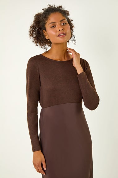 Dusk Chocolate Satin Bodycon Stretch Midi Dress