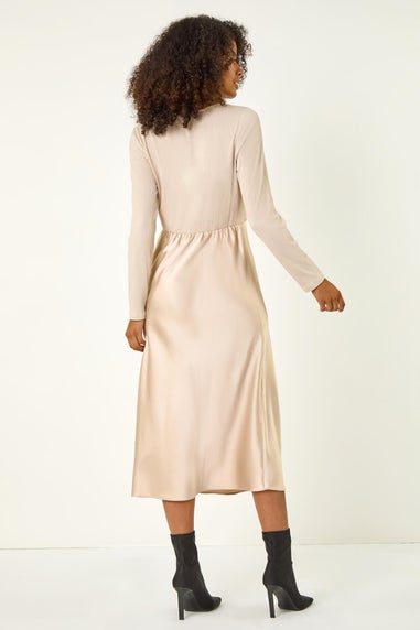 Dusk Beige Satin Bodycon Stretch Midi Dress